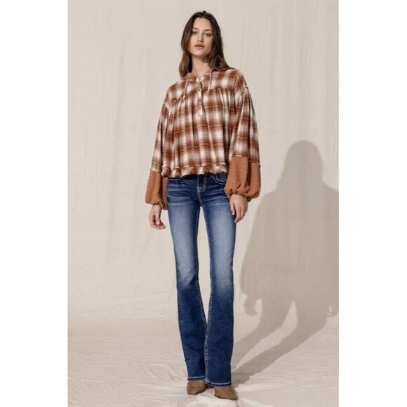 NWT Miss Me‎ MISS MEOrange Multi Plaid Thermal Hoodie Balloon Sleeve Size Large - Picture 3 of 14